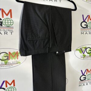 Black striped dress pants on a hanger.
