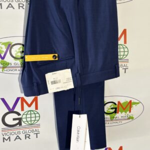 Blue Skinny Dress Pants with a yellow tag on it.