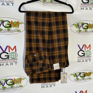 A brown and black Exclusive Yellow Checkered Dress Pants hanging on a hanger.
