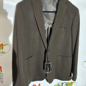 A gray blazer jacket hanging on a hanger.