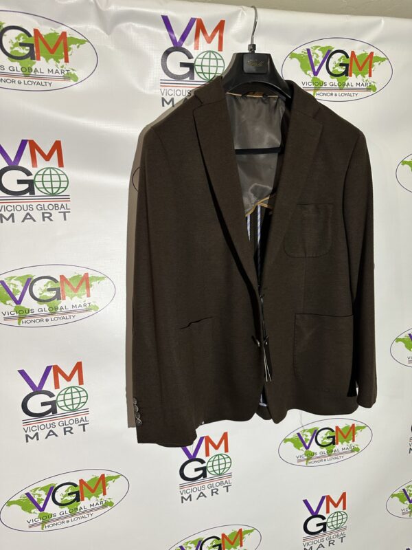 A brown Blazer Jacket hanging on a hanger.